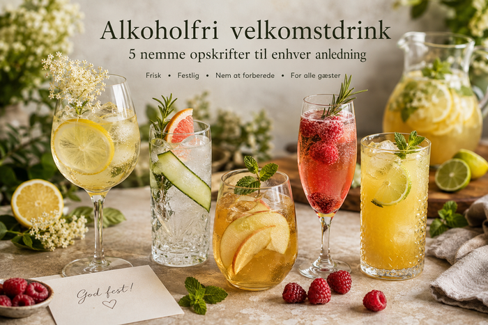 Tre farverige alkoholfrie velkomstdrinks med citrus, bær og friske urter.